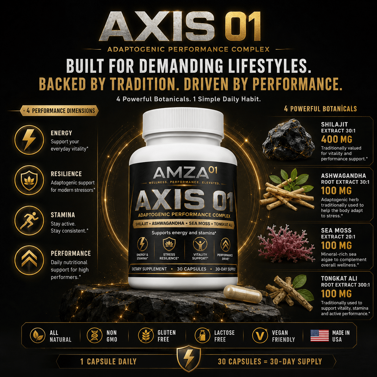 AXIS⁰¹ – Adaptogenic Performance Complex | Shilajit + Ashwagandha + Tongkat Ali - AMZA⁰¹